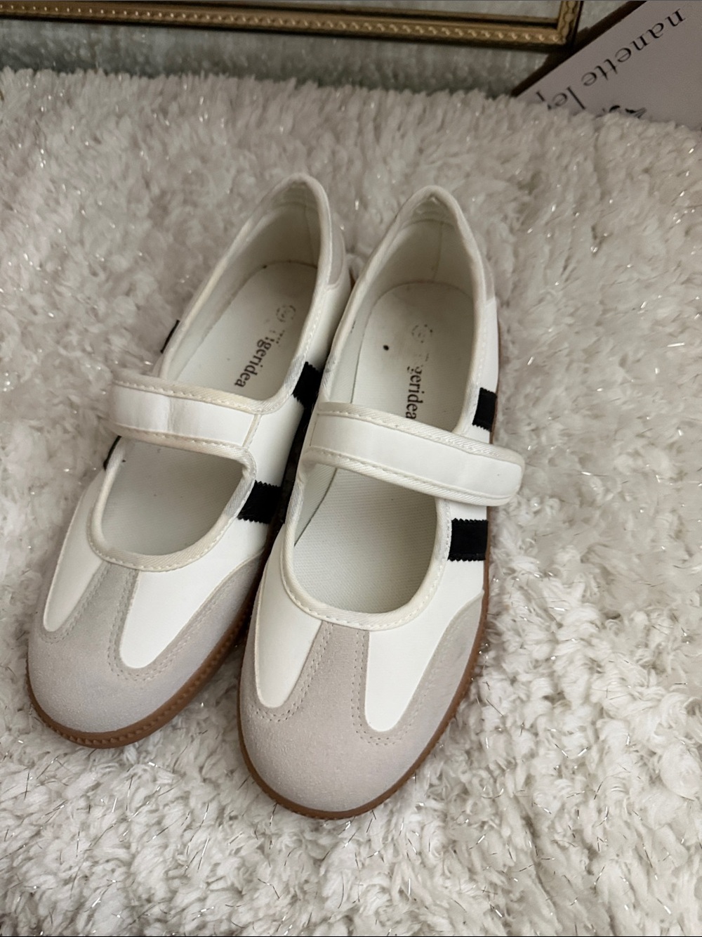Casual Mary Jane Flats in White and Beige with Black Accent